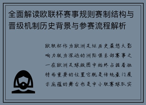 全面解读欧联杯赛事规则赛制结构与晋级机制历史背景与参赛流程解析