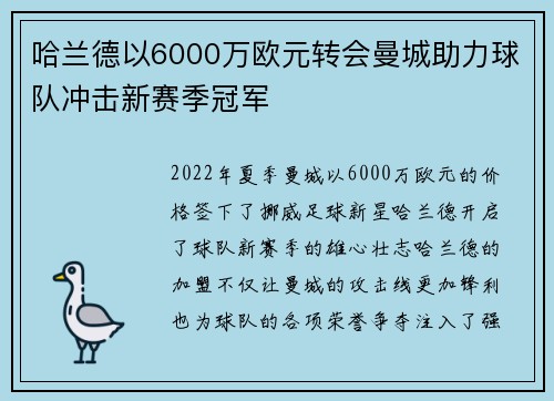 哈兰德以6000万欧元转会曼城助力球队冲击新赛季冠军 哈兰德以6000万欧元转会曼城助力球队冲击新赛季冠军