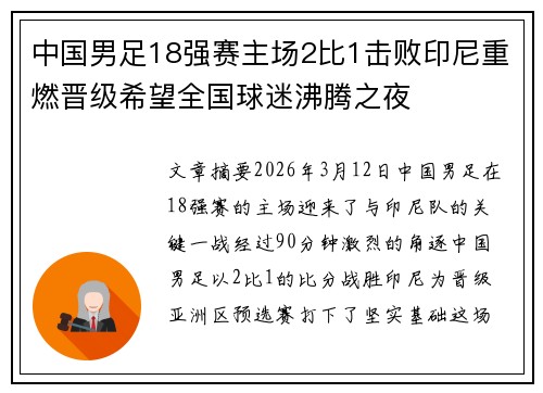 中国男足18强赛主场2比1击败印尼重燃晋级希望全国球迷沸腾之夜